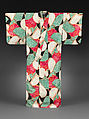 Meisen kimono with books and yarn spools, Plain-weave machine-spun silk with silver-thread wefts in double ikat (heiyō-gasuri), Japan