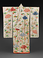 Over Robe (Uchikake) with Bamboo and Folded-Paper Butterflies, Figured satin-weave silk (rinzu) with tie-dyeing, silk embroidery, and couched gold thread, Japan