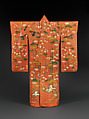 Over Robe (Uchikake) with Mount Hōrai, Figured satin-weave silk (rinzu) with paste-resist dyeing, stencil-dyed dots (suri-bitta), silk embroidery, and couched gold and silver thread, Japan