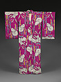 Meisen Summer Kimono with Rabbits and Scouring Rushes, Plain-weave machine-spun silk in unraveled ikat (hogushi-gasuri), Japan