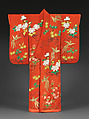 Long-Sleeved Robe (Furisode) with Phoenixes, Cherry Blossoms, Peonies, and Maple Branches, Crepe silk with silk and gold-thread embroidery, Japan