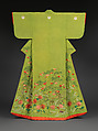 Robe (Kosode) with Pine, Ivy, Chrysanthemums, and River, Crepe silk with resist-dyeing and silk- and metallic-thread embroidery, Japan