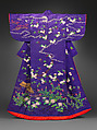 Robe (kosode) with landscape and seasonal flowers, Figured silk satin with silk-and gold-thread embroidery, Japan