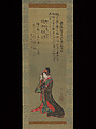 Parading Courtesan, Painting and Inscription by Momokawa Shikō (Japanese, active late 18th– early 19th century), Hanging scroll; ink and color on silk, Japan