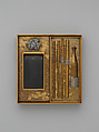 Writing box and desk with scenes from The Tales of Ise (Ise monogatari), Lacquered wood with gold, silver takamaki-e, hiramaki-e, togidashimaki-e, cut-out gold foil on gold and nashiji ground, silver fittings, Japan