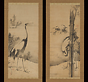 Cranes, Soga Shōhaku 曾我蕭白 (Japanese, 1730–1781), Pair of hanging scrolls; ink on paper, Japan