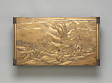 Writing box and desk with scenes from The Tales of Ise (Ise monogatari), Lacquered wood with gold, silver takamaki-e, hiramaki-e, togidashimaki-e, cut-out gold foil on gold and nashiji ground, silver fittings, Japan