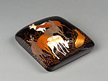 Writing box with decoration of seven deer in autumn grasses, Gold maki-e, inlaid mother-of-pearl, and lead on black lacquer, Japan