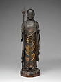 Jizō, Bodhisattva of the Earth Store (Kshitigarbha), Kaikei (Japanese, active 1183–1223), Lacquered Japanese cypress, color, gold, cut gold, and inlaid crystal, Japan