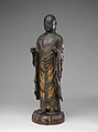 Jizō, Bodhisattva of the Earth Store (Kshitigarbha), Kaikei (Japanese, active 1183–1223), Lacquered Japanese cypress, color, gold, cut gold, and inlaid crystal, Japan
