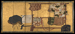 Whose Sleeves? (Tagasode), Pair of six-panel folding screens; ink, color, and gold on gilt paper, Japan