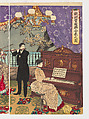 Concert of European Music (Ōshū kangengaku gassō no zu), Yōshū (Hashimoto) Chikanobu (Japanese, 1838–1912), Triptych of woodblock prints; ink and color on paper, Japan