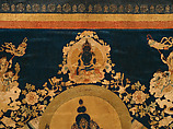 Manjushri, the Bodhisattva of Transcendent Wisdom, Silk appliqué with damask, satin, brocade, and leather substrate with silver finish and embroidery with silk cord, China
