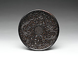 Saucer with two chi dragons, Carved black lacquer, China