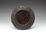 Saucer with two chi dragons, Carved black lacquer, China