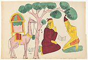 Layla Visiting Majnun in the Desert, Becharam Das Dutta, Lithograph and applied watercolor and selectively applied glaze, West Bengal, Kalighat, Calcutta
