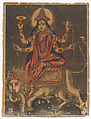 Goddess Jagadhatri, Lithograph printed in black, hand-colored with crimson, yellow, and grey watercolor and white gouache, West Bengal, Calcutta