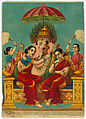Ganapati with his consorts Riddhi and Siddhi, Color lithograph, varnish, India