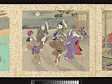 Artisans, Beauties, and Annual Events, Toyohara Kunichika (Japanese, 1835–1900), Thirty paintings mounted as an accordion album; ink, color, gold and gold flecks on silk, Japan