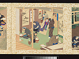 Artisans, Beauties, and Annual Events, Toyohara Kunichika (Japanese, 1835–1900), Thirty paintings mounted as an accordion album; ink, color, gold and gold flecks on silk, Japan