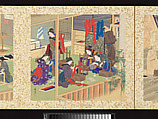 Artisans, Beauties, and Annual Events, Toyohara Kunichika (Japanese, 1835–1900), Thirty paintings mounted as an accordion album; ink, color, gold and gold flecks on silk, Japan