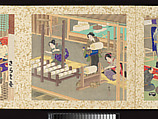 Artisans, Beauties, and Annual Events, Toyohara Kunichika (Japanese, 1835–1900), Thirty paintings mounted as an accordion album; ink, color, gold and gold flecks on silk, Japan