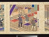 Artisans, Beauties, and Annual Events, Toyohara Kunichika (Japanese, 1835–1900), Thirty paintings mounted as an accordion album; ink, color, gold and gold flecks on silk, Japan