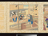Artisans, Beauties, and Annual Events, Toyohara Kunichika (Japanese, 1835–1900), Thirty paintings mounted as an accordion album; ink, color, gold and gold flecks on silk, Japan