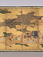 Sugawara no Michizane Being Exiled to Dazaifu, Unidentified Artist, Six-panel folding screen; ink, color, and gold leaf on paper, Japan