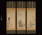 Monk Zhaozhou and Dog, with Geese and Mynah, Unkoku Tōeki (Japanese, 1591–1644), Set of three hanging scrolls; ink on paper, Japan