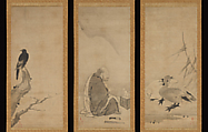 Huineng, the Sixth Patriarch of Zen, with Geese and Myna, Unkoku Tōeki 雲谷等益 (Japanese, 1591–1644), Set of three hanging scrolls; ink on paper, Japan