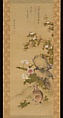 Rabbit and Roses, Mori Ransai (Japanese, 1731–1801), Hanging scroll; ink and color on silk, Japan