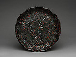 Foliated dish with four birds and flowers, Carved black lacquer, China