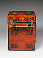 Traveling box with lotus scrolls, Polychromatic lacquer, leather, wood, and iron damascened with gold, China