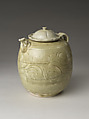 Ewer with makara spout with lotus-form cover, Stoneware with incised floral décor and green glaze, Vietnam, Hong River region