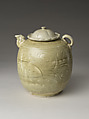 Ewer with makara spout with lotus-form cover, Stoneware with incised floral décor and green glaze, Vietnam, Hong River region