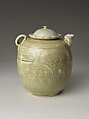 Ewer with makara spout with lotus-form cover, Stoneware with incised floral décor and green glaze, Vietnam, Hong River region