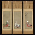 Portraits of Three Famous Poets: Hitomaro (M) ・Ise (R) ・Komachi (L), Tosa Mitsuoki 土佐光起 (Japanese, 1617–1691), Triptych of hanging scrolls: ink, color, gold and silver on silk, Japan