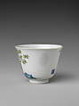 Monthly flower cup (from set of twelve), Porcelain painted in underglaze cobalt blue and overglaze polychrome enamels (Jingdezhen ware), China