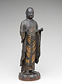 Jizō, Bodhisattva of the Earth Store (Kshitigarbha), Kaikei (Japanese, active 1183–1223), Lacquered Japanese cypress, color, gold, cut gold, and inlaid crystal, Japan
