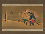 Monkey Showman and Porter(?) in the Snow, Hokuga (Japanese, active early 19th century), Hanging scroll; ink and color on silk, Japan