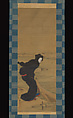Beauty on a Snowy Quay, Teisai Hokuba (Japanese, 1771–1844), Hanging scroll; ink and color, and gold on silk, Japan