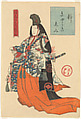 The Courtesan Emi of the Kyōki Brothel as Shizuka Gozen (Shizuka Kyōki Emi), from the series Costume Parade of the Shimanouchi District in Osaka (Naniwa Shimanouchi nerimono), Jukōdō Yoshikuni 寿好堂よし国  Japanese, Woodblock print (nishiki-e); ink and color on paper; vertical ōban, Japan