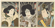 The Actors Mimasu Daigorō IV as Umako Daijin (right), Ichikawa Ebizō V as Umaya Daijin (center), and Jitsukawa Ensaburō as Prince Shōtoku (left), Gosōtei Hirosada 五粽亭広貞 Japanese, Triptych of woodblock prints (nishiki-e); ink and color on paper, with metallic printing and embossing (karazuri); vertical chūban, Japan