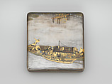 Writing box (suzuribako) with passenger boat on the Yodo River, Shiomi Masanari 塩見政誠 Japanese, Lacquered wood with gold, silver, color togidashimaki-e on silver ground, Japan