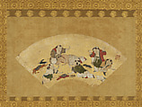 Chinese Boys at Play, Studio of Kano Motonobu 狩野元信 (Japanese, 1477–1559), Folding fan mounted as a hanging scroll; ink, color, gold, and mica on paper, Japan