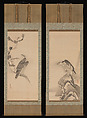 Hawks, Soga Nichokuan (Japanese, active mid-17th century), Pair of hanging scrolls; ink on paper, Japan