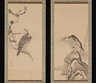 Hawks, Soga Nichokuan (Japanese, active mid-17th century), Pair of hanging scrolls; ink on paper, Japan