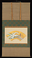 Plantain and Bird in Snow, Kano Sōshū 狩野宗秀 (Japanese, 1551–1601), Fan-shaped painting mounted on a hanging scroll; ink, color, and gold leaf on paper, Japan