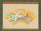 Plantain and Bird in Snow, Kano Sōshū 狩野宗秀 (Japanese, 1551–1601), Fan-shaped painting mounted on a hanging scroll; ink, color, and gold leaf on paper, Japan